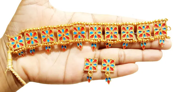 Assamese_Traditional_Gold_Plated_Red_Blue_Colour_Golpata_Necklace_Set_For_Women